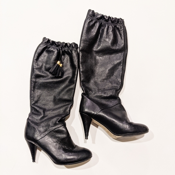 Topshop Shoes - Black Leather high heel Boots Topshop Tassels gold
